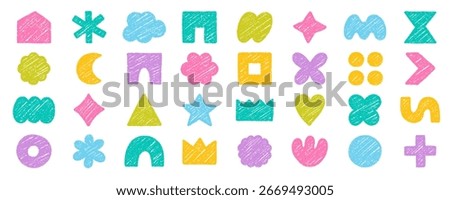 Abstract geometric shapes and forms, chalk pencil doodle set. Crayon modern figures, brush crown, star, heart in sketch style. Hand drawn vector illustration isolated on white background