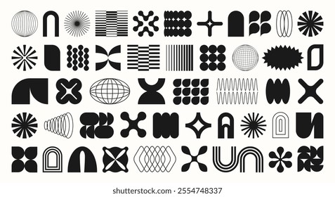 Abstract geometric shapes, frame, textbox in trendy retro Y2K style, Groovy. Black isolated on white background label sticker elements.  Flat Vector Illustration EPS10
