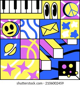 Formas geométricas abstractas. Gracioso estilo de moda cómico de los 80 y 90. Textura de mosaico cuadrado. Huella hipster.