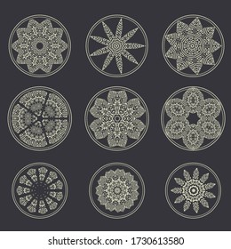Abstract geometric shapes, futuristic wavy fractal of star and circle. Vector square and other different decorative elements. Signs and symbols in monochrome colors