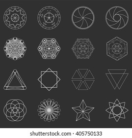 Abstract geometric shapes, futuristic wavy fractal of star and circle. Vector square and other different decorative elements. Cool geometric illustration in grey color