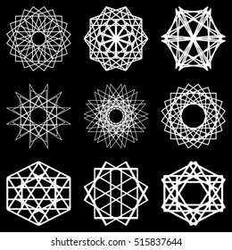 Abstract geometric shapes, futuristic wavy fractal of star and circle. Vector square and other different decorative elements.