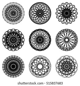 Abstract geometric shapes, futuristic wavy fractal of star and circle. Vector square and other different decorative elements.