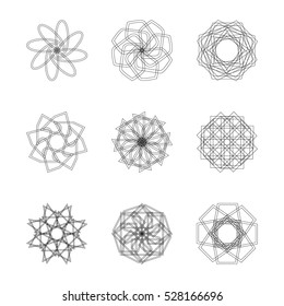 Abstract geometric shapes, futuristic wavy fractal of star and circle. Vector square and other different decorative elements. Signs and symbols in monochrome colors