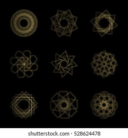 Abstract geometric shapes, futuristic wavy fractal of star and circle. Vector square and other different decorative elements. Signs and symbols in monochrome colors