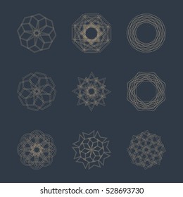 Abstract geometric shapes, futuristic wavy fractal of star and circle. Vector square and other different decorative elements. Signs and symbols in monochrome colors