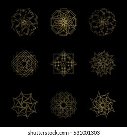 Abstract geometric shapes, futuristic wavy fractal of star and circle. Vector square and other different decorative elements. Signs and symbols in monochrome colors