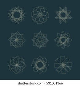 Abstract geometric shapes, futuristic wavy fractal of star and circle. Vector square and other different decorative elements. Signs and symbols in monochrome colors