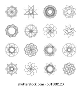 Abstract geometric shapes, futuristic wavy fractal of star and circle. Vector square and other different decorative elements. Signs and symbols in monochrome colors