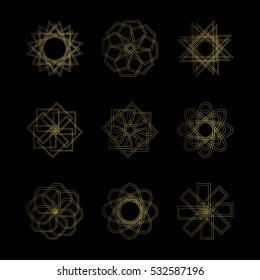 Abstract geometric shapes, futuristic wavy fractal of star and circle. Vector square and other different decorative elements. Signs and symbols in monochrome colors