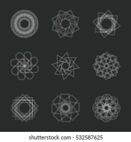 Abstract geometric shapes, futuristic wavy fractal of star and circle. Vector square and other different decorative elements. Signs and symbols in monochrome colors
