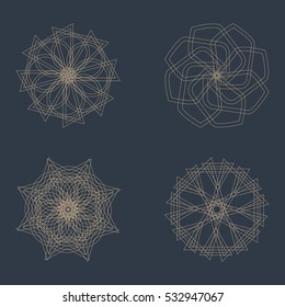 Abstract geometric shapes, futuristic wavy fractal of star and circle. Vector square and other different decorative elements. Signs and symbols in monochrome colors