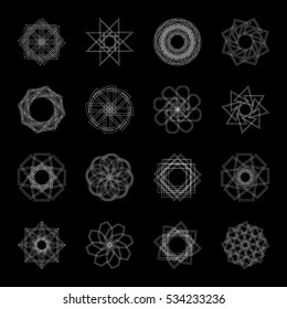 Abstract geometric shapes, futuristic wavy fractal of star and circle. Vector square and other different decorative elements. Signs and symbols in monochrome colors