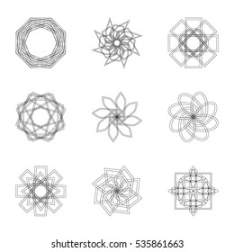 Abstract geometric shapes, futuristic wavy fractal of star and circle. Vector square and other different decorative elements. Signs and symbols in monochrome colors