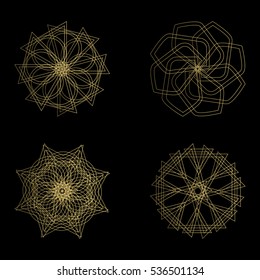 Abstract geometric shapes, futuristic wavy fractal of star and circle. Vector square and other different decorative elements. Signs and symbols in monochrome colors