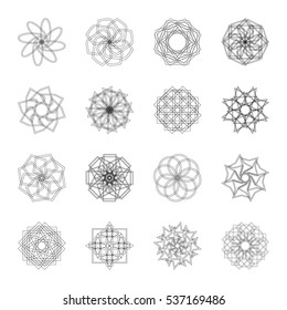 Abstract geometric shapes, futuristic wavy fractal of star and circle. Vector square and other different decorative elements. Signs and symbols in monochrome colors
