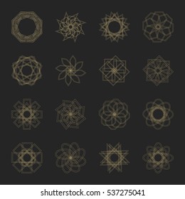 Abstract geometric shapes, futuristic wavy fractal of star and circle. Vector square and other different decorative elements. Signs and symbols in monochrome colors