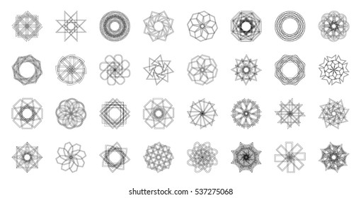 Abstract geometric shapes, futuristic wavy fractal of star and circle. Vector square and other different decorative elements. Signs and symbols in monochrome colors