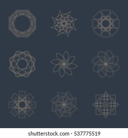 Abstract geometric shapes, futuristic wavy fractal of star and circle. Vector square and other different decorative elements. Signs and symbols in monochrome colors