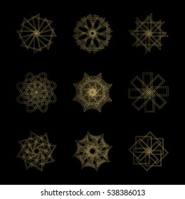 Abstract geometric shapes, futuristic wavy fractal of star and circle. Vector square and other different decorative elements. Signs and symbols in monochrome colors