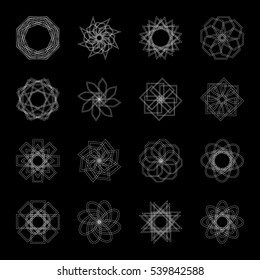 Abstract geometric shapes, futuristic wavy fractal of star and circle. Vector square and other different decorative elements. Signs and symbols in monochrome colors