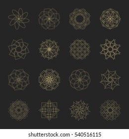 Abstract geometric shapes, futuristic wavy fractal of star and circle. Vector square and other different decorative elements. Signs and symbols in monochrome colors