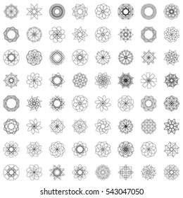 Abstract geometric shapes, futuristic wavy fractal of star and circle. Vector square and other different decorative elements. Signs and symbols in monochrome colors