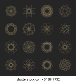 Abstract geometric shapes, futuristic wavy fractal of star and circle. Vector square and other different decorative elements. Signs and symbols in monochrome colors