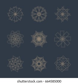 Abstract geometric shapes, futuristic wavy fractal of star and circle. Vector square and other different decorative elements. Signs and symbols in monochrome colors
