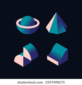 Abstract geometric shapes with gradient colors, including sphere, pyramid, and curved forms on a dark background. Futuristic and modern concept. Vector illustration