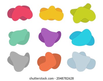 Abstract geometric shapes with gradient. Set of isolated azure or blue flud spot, red brush blob, bright yellow blotch, violet aqua stain for flyer background. Card design template with free shapes