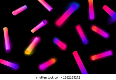 Abstract geometric shapes with gradients. Neon cylinder shape, colorful glowed 3D objects and neon stick lamps. Dynamic motion gradient forms poster vector background illustration