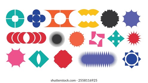 abstract geometric shapes and grids Logo. Brutal contemporary figure star oval spiral flower and other primitive elements. Swiss design aesthetic. Bauhaus Shapes