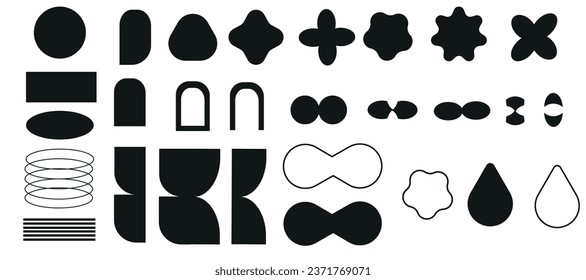 Abstract geometric shapes and grids, modern drawing of a star, oval, and other primitive elements. Memphis style design. Figures in black isolated on a white background. Flat vector illustration