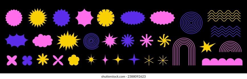 Abstract geometric shapes and grids. Retro cartoon style elements on black background. Isolated vector illustration 