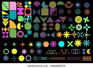 Abstract geometric shapes and grids. seamless freeform, stars, flowers, spirals, ovals, squares and other primitive elements.