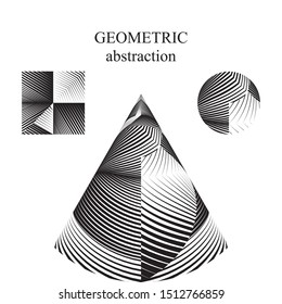 Abstract geometric shapes, halftone lines background, trendy black and white dynamic pattern, vector modern design textyre.