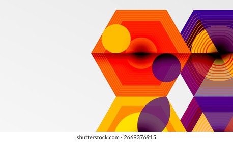 Formas geométricas abstratas, hexágonos, círculos, cores vibrantes. Gradientes laranja, roxo e amarelo criam composição dinâmica. Design moderno.