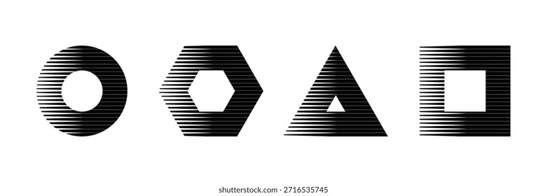 Formas geométricas abstratas com conjunto de vetores preto e branco com padrão de linha horizontal.