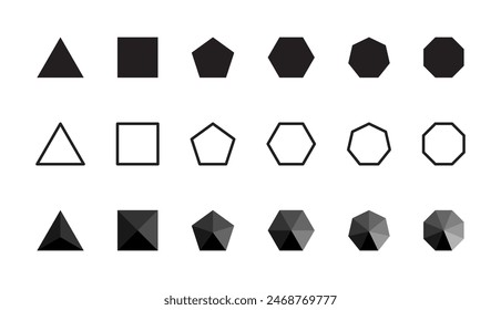 Conjunto de iconos de Formas geométricas Abstractas. Ilustraciones vectoriales de polígono Básico. Símbolos gráficos tridimensionales triangular, cuadrado, pentágono, hexágono y octágono. Elementos 3d negros aislados.