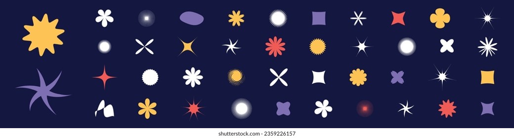 Abstract geometric shapes, iconic star and flower elements in retro Y2K design. Stickers and figures in funky graphic style. Flat vector illustrations isolated background.