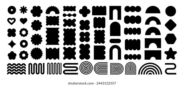 Abstract geometric shapes and icons in black colors. Groovy brutal modern figures. Stylish Swiss design aesthetic.