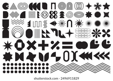 Abstract geometric shapes and icons in black colors. Groovy brutal modern figures. Stylish Swiss design aesthetic