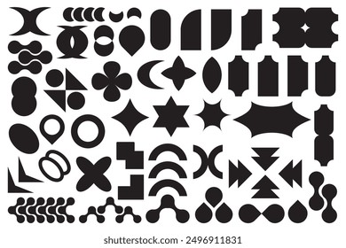 Abstract geometric shapes and icons in black colors. Groovy brutal modern figures. Stylish Swiss design aesthetic