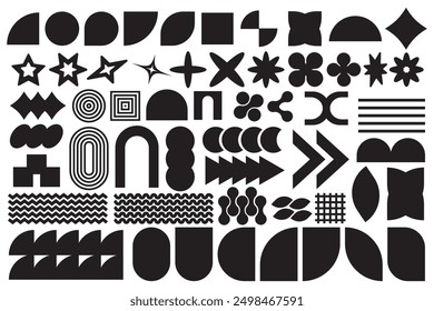 Abstract geometric shapes and icons in black colors. Groovy brutal modern figures. Stylish Swiss design aesthetic