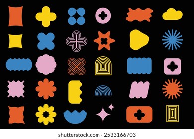 Abstract geometric shapes and icons. Brutal modern contemporary figure arch cloud vawe star oval spiral flower circle and other primitive elements. Swiss design aesthetic.