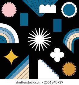 Abstract geometric shapes and icons. Brutal modern contemporary figure arch cloud vawe star oval spiral flower circle and other primitive elements. Swiss design aesthetic. Bauhaus memphis design.