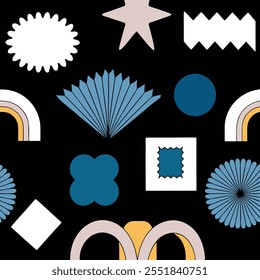 Abstract geometric shapes and icons. Brutal modern contemporary figure arch cloud vawe star oval spiral flower circle and other primitive elements. Swiss design aesthetic. Bauhaus memphis design.