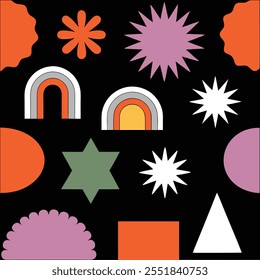 Abstract geometric shapes and icons. Brutal modern contemporary figure arch cloud vawe star oval spiral flower circle and other primitive elements. Swiss design aesthetic. Bauhaus memphis design.