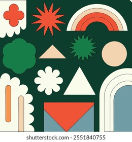 Abstract geometric shapes and icons. Brutal modern contemporary figure arch cloud vawe star oval spiral flower circle and other primitive elements. Swiss design aesthetic. Bauhaus memphis design.